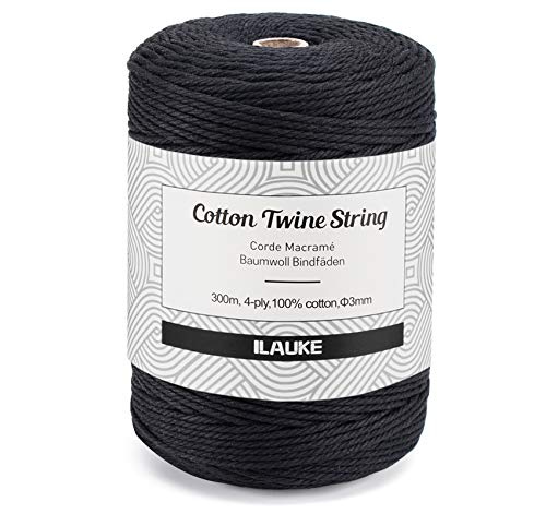 300m Makramee Baumwolle Garn Schwarz,3mm Baumwollgarn Macrame Cord Dicke,Natürliche Macrame Garn Baumwollkordel,Premium Makramee Schwarz Kordelfür DIY Handwerk Stricken Pflanze Aufhänger Boho von ilauke