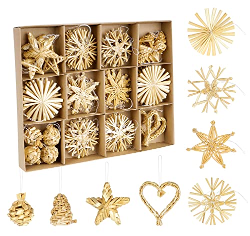 Strohsterne Christbaumschmuck 46-teiliges,Weihnachtsbaumschmuck Stroh mit Natürlichen Akzenten,Handgemacht Weihnachtsbaum Deko aus Stroh mit Schöner Box,Dekoration für Weihnachtsbaum Natürlichem von ilauke