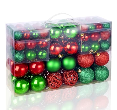 Weihnachtskugel Set,100 Stück Rot Grün Klassische Christbaumkugeln Plastik Weihnachtskugeln Ornamente mit Aufhänger,Bruchsichere Weihnachtsbaumschmuck für Hängende Homedeko Weihnachtsdeko,∅ 3/4/6CM von ilauke