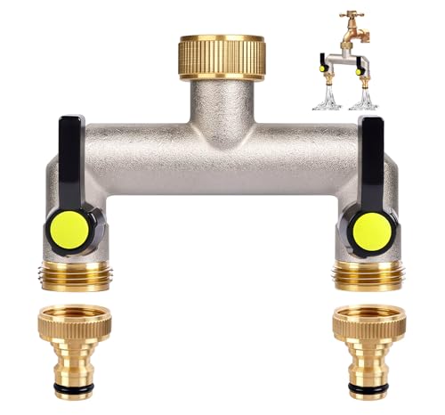 ilauke 2-Wege Wasserhahn Wasserverteiler, Verlängerter Griff, Verteiler Wasser 3/4 Zoll Messing Wasseranschluss Verteiler mit mit 2 Stück 3/4 Zoll auf 1/2 Zoll Hahnanschluss für Haus,Hof/Waschmaschine von ilauke