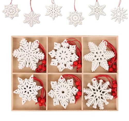 ilauke 24 Stück Weihnachten Schneeflocken Holzanhänger, 6 Design Weihnachtsbaumschmuck Holz Christbaumschmuck Schneeflocken, 8cm olzschmuck Weihnachtsbaum für Winterdeko Weihnachtsdeko DIY(Weiß) von ilauke