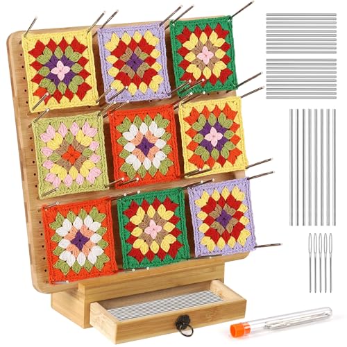 ilauke Granny Square Spanner Groß, 29 x 29 cm Handcrafted Wooden Blocking Board Häkeln mit 24 Edelstahl Stabstiften und 5 Nadeln, 1 Ausziehbare Schublade Ständer für Strickzubehör und Häkelset von ilauke