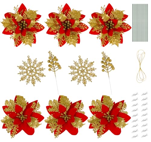 ilauke 34 Stück Glitter Weihnachten Blumen Set, 2 Größen Glitzer Weihnachtsstern Kunstblumen mit Beeren,Schneeflocken,25 Clips,Rhizome und Hängeseile für Weihnachten,Weihnachtsbaum,Kränze(Rot+Gold) von ilauke