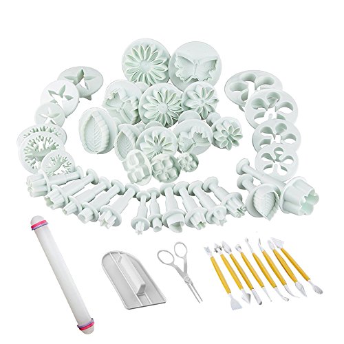 ilauke 47 Stück Fondant Ausstecher Schneeflocken Set, Diy Ausstechformen Auswerfer Stempel Tortendeko mit Auswerfer Rose Blume Herz Schmetterling Star Formen für Kuchen Torte Kekse von ilauke