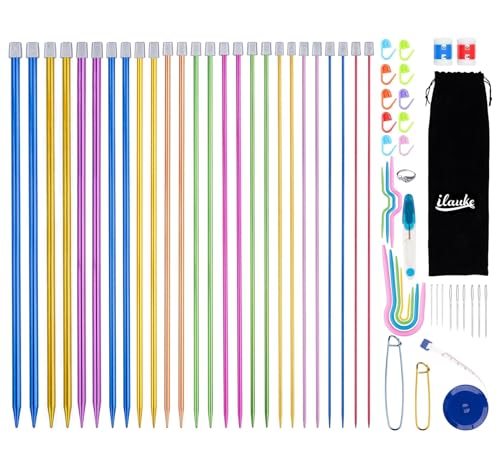 ilauke 60 Stück Stricknadeln Set, Edelstahl Einnadel Farbe Rundstricknadeln Set mit Strickzubehör, 35cm Große Nadelspiel 2mm-10mm Knitpro Nadelspitzen, Stricknadeln Rundstricknadel für Schals, DIY von ilauke