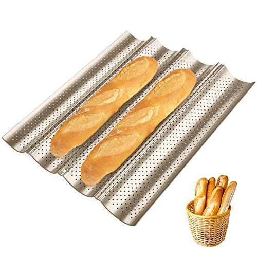 ilauke Baguette Backform, 37,8 x 32 x 3cm Baguette-Backblech in Golden Baguetteblech Backform mit Antihaftbeschichtung für 4 Baguettes, Brot Backen Zubehör Baguetteformen zum Backen von ilauke