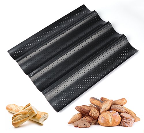 ilauke 4 Stück Baguette Backform, Baguetteblech 37.8x32cm, Baguetteblech mit Antihaftbeschichtung, Baguette Backblech für 4,Schwarz Baguetteform, Brot Backen Zubehör für Bäckereien, Hausgebrauch von ilauke