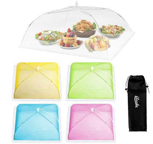 ilauke Fliegenhaube, 5er Set XL Abdeckhauben für Essen, Faltbare Fliegenschirm Lebensmittel Abdeckung, Fliegenschutz für Essen, Obst, BBQ, 1 Groß(100x60cm)& 5 Standard(43x43cm), Farbig von ilauke
