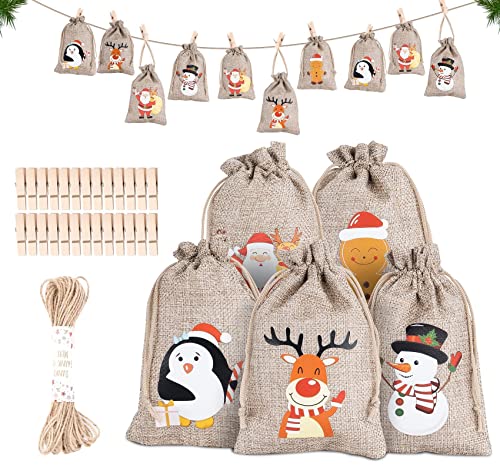 ilauke Geschenktüten für Weihnachten Jute, 25 kleine Beutel mit Kordel + 25 Clips + 10 m Schnur mit weihnachtlichem Druck,verschleißfest und staubdicht für Süßigkeiten und Kekse für Kinder,10 x 15 cm von ilauke