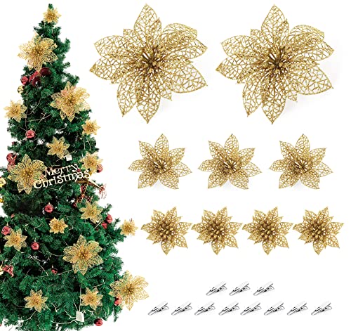 ilauke Glitter Weihnachten Blumen Ornamente 30 Stück Glitter Poinsettia Blumen mit 35 Stück Halteklammer, Künstliche Blumen Weihnachtsblume Dekor für Weihnachten, Weihnachtsbaum,Kränze，Hochzeit (Gold) von ilauke