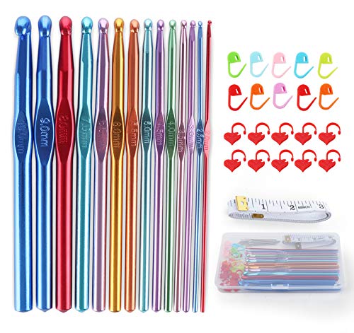 ilauke Häkelnadel Set Metall 42 Stück Crochet Hooks 2mm-10mm zum Häkeln Garn,Bunte Crochet Nadeln aus Bunt Aluminium mit Stricken Werkzeuge Zubehör und Aufbewahrungsbox für Haushalt Stricken Handwerk von ilauke