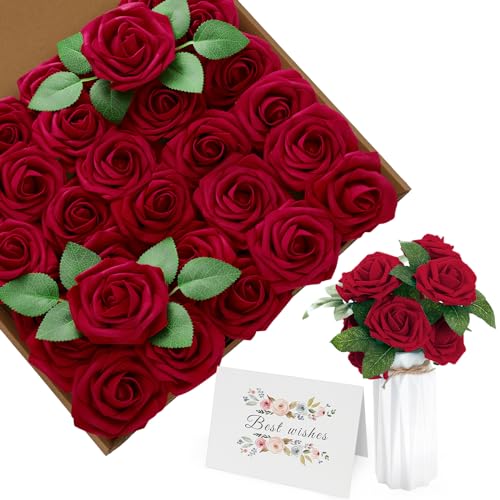 ilauke Künstliche Blumen Rot Rosen, 30 Stück 8cm Blumenstrauß Künstlich Deko Blumen Fake Rosen mit Stielen und Karte für Valentinstag Hausgarten Geburtstag Party DIY Hochzeit Dekoration von ilauke