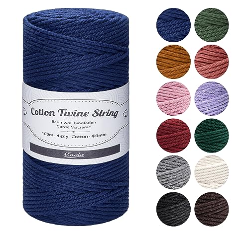 ilauke Makramee Garn 3 mm x 100 m, 4-lagig Baumwollgarn Macrame Cord Kordel Garn für Makramee Schnur DIY Handwerk, Basteln Weben Dekoration, Pflanzenbügel Aufhänger Stricken Blumenampel, Marineblau von ilauke