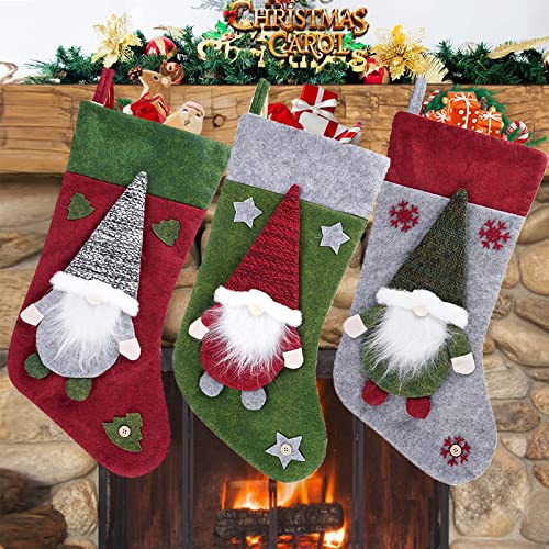 ilauke Weihnachtsstrümpfe 3 Stück GNOME Santa Nikolausstrumpf, große Christmas Stockings Dekorationen für Familiendekorationen Hängendes Ornament Weihnachtsbaum Kamin von ilauke