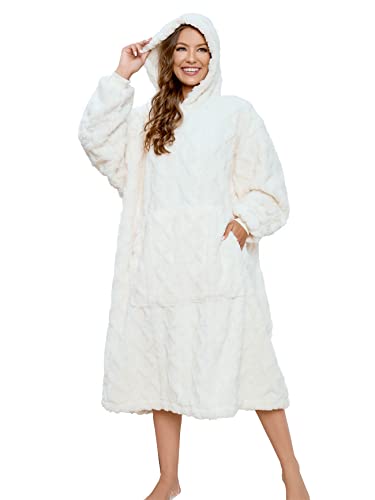 ililmmoe Sherpa tragbare Decke Übergroße Hoodie Sweatshirt TV Decke mit Langen Ärmeln und Tasche,Jacquard Milchweißer von ililmmoe