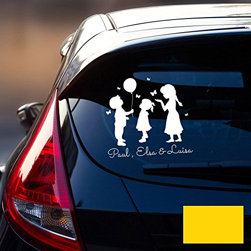 Autotattoo 3 Kinder Autoaufkleber Familie Sticker Heckscheibe Junge & Mädchen Luftballon & Wunschnamen M2197 - ausgewählte Farbe: *sonnengelb* ausgewählte Größe: *M - 30cm breit x 30cm hoch* von ilka parey wandtattoo-welt