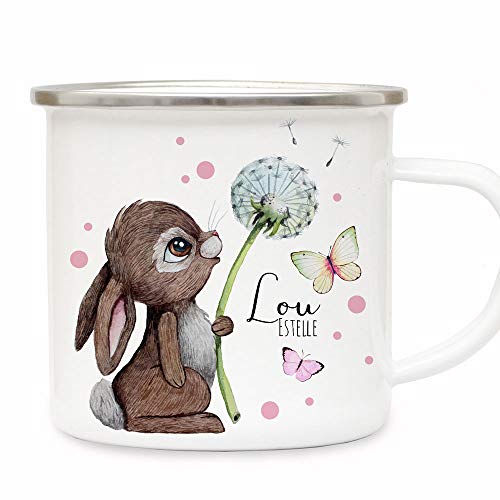 Emaille Becher Camping Tasse Motiv Hase Häschen Pusteblume Schmetterlinge rosa Punkte & Wunschname Name Kaffeetasse Geschenk eb490 - ausgewählte Farbe: *silberner Becherrand* von ilka parey wandtattoo-welt