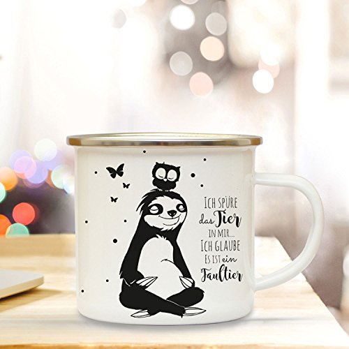 ilka parey wandtattoo-welt Emaille Tasse Becher mit Faultier & Eule Eulchen Kaffeebecher Camping Becher mit Spruch Ich spüre das Tier in Mir eb29 von ilka parey wandtattoo-welt