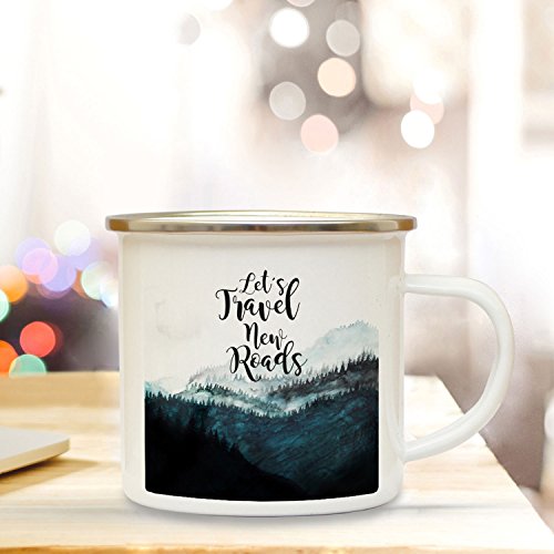 ilka parey wandtattoo-welt Emaille Tasse Becher mit Landschaft Spruch Kaffeebecher Spruchbecher Camping Becher mit Motto Zitat Let's travel New Roads eb36 von ilka parey wandtattoo-welt