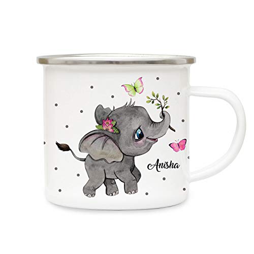 Emaillebecher Becher Tasse Camping Elefant Schmetterlinge & Wunschname Name Kaffeetasse Geschenk eb395 - ausgewählte Farbe: *bunt* ausgewählte Größe: *2. Elefant Schmetterlinge* von ilka parey wandtattoo-welt