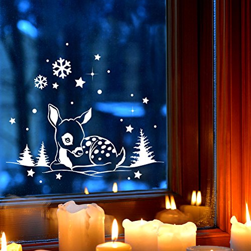 ilka parey wandtattoo-welt Fensterbild REH im Schnee Deko Winter Fensterbilder Fensterdeko 40 x 18cm + Schneeflocken Sterne und Punkte selbstklebend für Kinder M2252 von ilka parey wandtattoo-welt