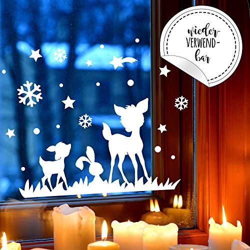 ilka parey wandtattoo-welt Fensterbild Rehe & Hase Fensterbilder Fensterdeko Winterlandschaft *wiederverwendbar* 28x16cm + Sterne & Schneeflocken selbstklebend für Kinder M2254 von ilka parey wandtattoo-welt