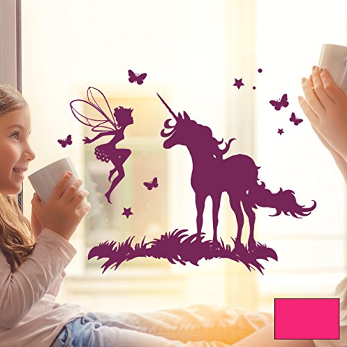 Fensterbild Wandtattoo Einhorn Fee Elfe Schmetterlinge Fensteraufkleber Wandbild M2097 - ausgewählte Farbe: *pink* ausgewählte Größe: *M - 30cm breit x 25cm hoch* von ilka parey wandtattoo-welt