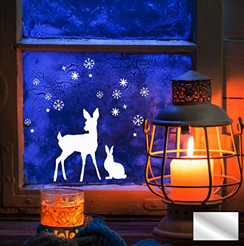 Fensterbild Wandtattoo REH Hase Schnee Sterne M1677 - ausgewählte Farbe: *Silber* - ausgewählte Größe: *M - Maße Siehe Beschreibung* von ilka parey wandtattoo-welt