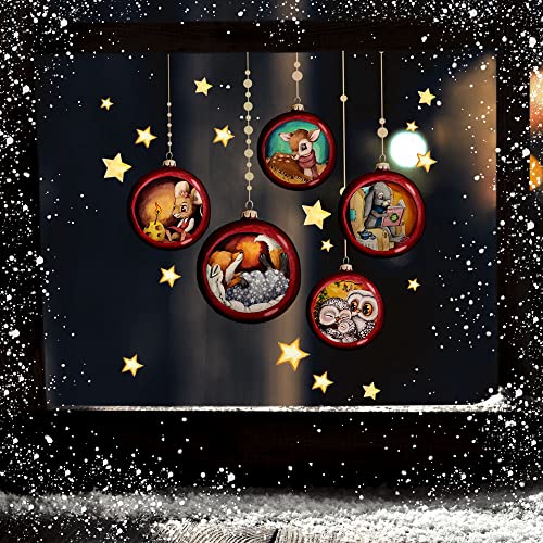 Fensterbild Weihnachtsdeko Weihnachten 5 Kugeln Weihnachtskugeln mit Tiere Sterne wiederverwendbar Winter Fensterbilder Kinder Zimmer bf184_Set - ausgewählte Größe: *Fensterbild Weihnachts-Set 1* von ilka parey wandtattoo-welt