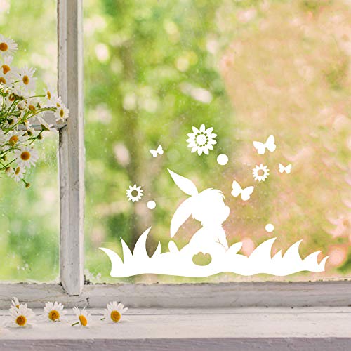 Fensterbilder Fensterbild Hase Reh Blumen Schmetterlinge wiederverwendbar Frühling Frühlingsdeko Ostern Fensterdeko M2450 - ausgewählte Farbe: *weiß* ausgewählte Größe: *1. Hase im Gras* von ilka parey wandtattoo-welt