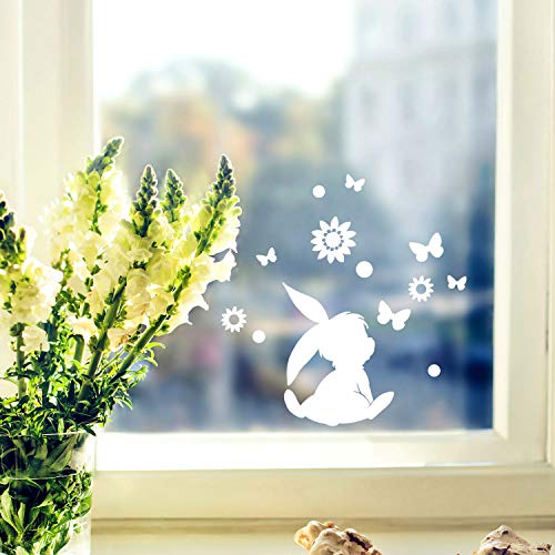 Fensterbilder Fensterbild Hase Reh Blumen Schmetterlinge wiederverwendbar Frühling Frühlingsdeko Ostern Fensterdeko M2451 - ausgewählte Farbe: *weiß* ausgewählte Größe: *2. Häschen sitzend* von ilka parey wandtattoo-welt