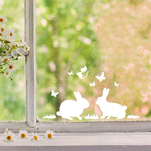 Fensterbilder Fensterbild Hase Reh Blumen Schmetterlinge wiederverwendbar Frühling Frühlingsdeko Ostern Fensterdeko M2452 - ausgewählte Farbe: *weiß* ausgewählte Größe: *3. Zwei Häschen* von ilka parey wandtattoo-welt