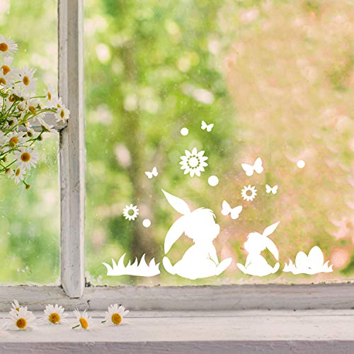 Fensterbilder Fensterbild Hase Reh Blumen Schmetterlinge wiederverwendbar Frühling Frühlingsdeko Ostern Fensterdeko M2453 - ausgewählte Farbe: *weiß* ausgewählte Größe: * 4. Zwei Hasen sitzend* von ilka parey wandtattoo-welt