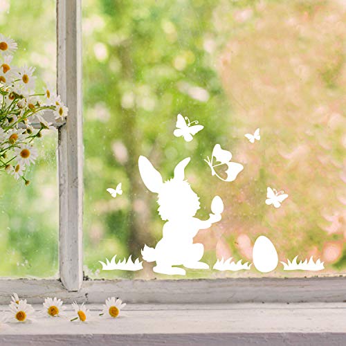 Fensterbilder Fensterbild Hase Reh Blumen Schmetterlinge wiederverwendbar Frühling Frühlingsdeko Ostern Fensterdeko M2454 - ausgewählte Farbe: *weiß* ausgewählte Größe: *5. Häschen mit Ostereier* von ilka parey wandtattoo-welt
