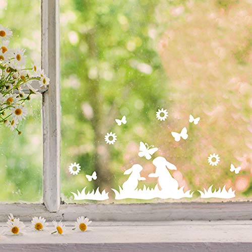 Fensterbilder Fensterbild Hase Reh Blumen Schmetterlinge wiederverwendbar Frühling Frühlingsdeko Ostern Fensterdeko M2456 - ausgewählte Farbe: *weiß* ausgewählte Größe: *7. Zwei Hasen im Gras* von ilka parey wandtattoo-welt