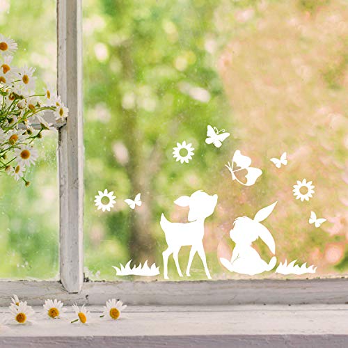 Fensterbilder Fensterbild Hase Reh Blumen Schmetterlinge wiederverwendbar Frühling Frühlingsdeko Ostern Fensterdeko M2457 - ausgewählte Farbe: *weiß* ausgewählte Größe: *8. Reh & Häschen* von ilka parey wandtattoo-welt