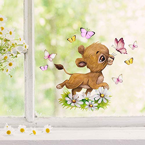 Fensterbilder Fensterbild Löwe Löwenbaby Blumen Schmetterlinge wiederverwendbar Frühling Fensterdeko bf63 - ausgewählte Farbe: *bunt* ausgewählte Größe: *3. Löwenbaby Blumen* von ilka parey wandtattoo-welt