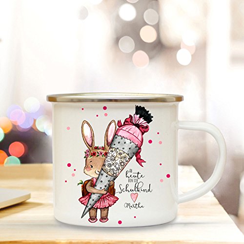 Geschenke Einschulung Federtasche Tasse Emaillebecher Thermobecher Mason Jar Trinkglas Kissen oder Waschtasche mit Häschen Schultüte & Name Wunschname pb03 - *Emaillebecher* von ilka parey wandtattoo-welt