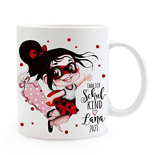 Tasse Becher zum Schulanfang Schulstart Marienkäfer Girl Mädchen Schultüte endlich Schulkind mit Wunschname + Jahr der Einschulung ts2023 - ausgewählte Größe: *02. Kaffeetasse* von ilka parey wandtattoo-welt