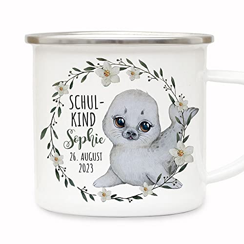 Tasse Emaille Becher zum Schulanfang zur Einschulung Seehund Robbe weiß Blumen Kranz Spruch Schulkind Wunschname Datum Geschenk eb697 - ausgewählte Größe: *3. Emaillebecher* Tasse Emaille Becher zum Schulanfang zur Einschulung Seehund Robbe weiß Blumen Kranz Spruch Schulkind Wunschname Datum Geschenk eb697 - ausgewählte Größe: *3. Emaillebecher* von ilka parey wandtattoo-welt