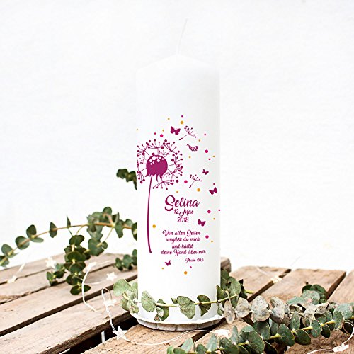 Taufkerze Kerze zur Taufe oder Geburt Kommunionkerze Pusteblume beere mit Spruch Wunschname & Datum wk44 ilka parey wandtattoo-welt® von ilka parey wandtattoo-welt