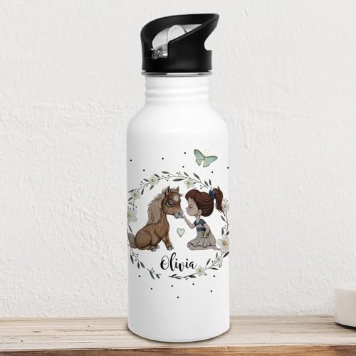 Trinkflasche Edelstahl Trinkbecher wild Pferde Pferd Pony Mädchen & Wunschnamen personalisiert Silikonmundstück & Strohhalm trk5 trk6 trk7 trk8 trk9 - ausgewählte Größe: *Trinkflasche mit 600ml* von ilka parey wandtattoo-welt