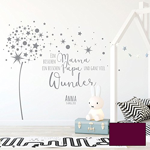 Wandtattoo Babyzimmer Wandsticker Pusteblume Spruch Zitat & Sterne mit Namen & Datum M2342 - ausgewählte Farbe: *Beere* ausgewählte Größe: *M - 100cm hoch x 122cm breit* von ilka parey wandtattoo-welt