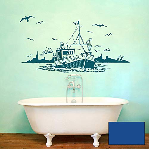 Wandtattoo Kutter Boot Schiff mit Skyline Stadt Rostock maritim Möwen Wasser Meer Wanddeko M2164 - ausgewählte Farbe: *blau* ausgewählte Größe: *XL - 60cm hoch x 120cm breit* von ilka parey wandtattoo-welt