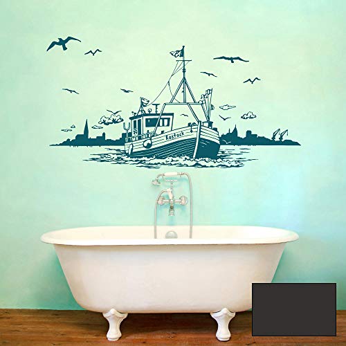 Wandtattoo Kutter Boot Schiff mit Skyline Stadt Rostock maritim Möwen Wasser Meer Wanddeko M2164 - ausgewählte Farbe: *dunkelgrau* ausgewählte Größe: *XL - 60cm hoch x 120cm breit* von ilka parey wandtattoo-welt