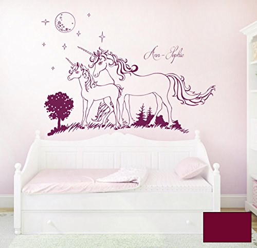 Wandtattoo Wandaufkleber Einhorn Einhörner Sterne mit Namen Wunschname M1600 - ausgewählte Farbe: *Beere* - ausgewählte Größe: M - 100cm breit x 70cm hoch von ilka parey wandtattoo-welt