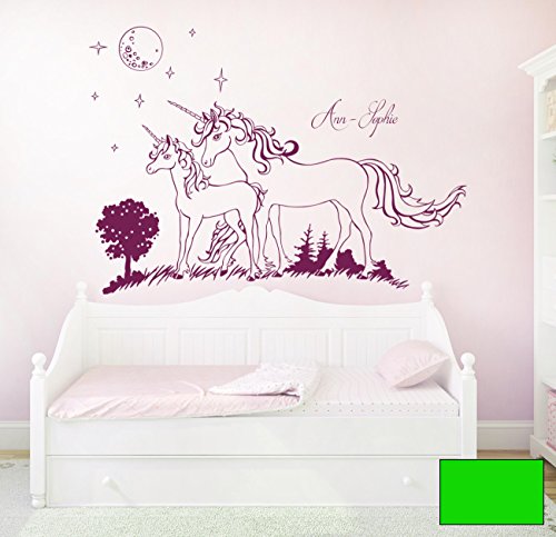 Wandtattoo Wandaufkleber Einhorn Einhörner Sterne mit Namen Wunschname M1600 - ausgewählte Farbe: *Maigrün* - ausgewählte Größe: XXL - 180cm breit x 127cm hoch von ilka parey wandtattoo-welt