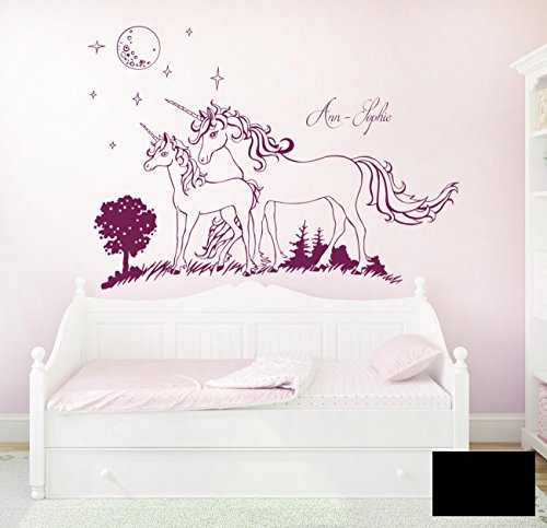 Wandtattoo Wandaufkleber Einhorn Einhörner Sterne mit Namen Wunschname M1600 - ausgewählte Farbe: *Schwarz* - ausgewählte Größe: XXL - 180cm breit x 127cm hoch von ilka parey wandtattoo-welt