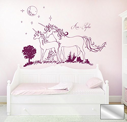 Wandtattoo Wandaufkleber Einhorn Einhörner Sterne mit Namen Wunschname M1600 - ausgewählte Farbe: *Silber* - ausgewählte Größe: S - 80cm breit x 56cm hoch von ilka parey wandtattoo-welt