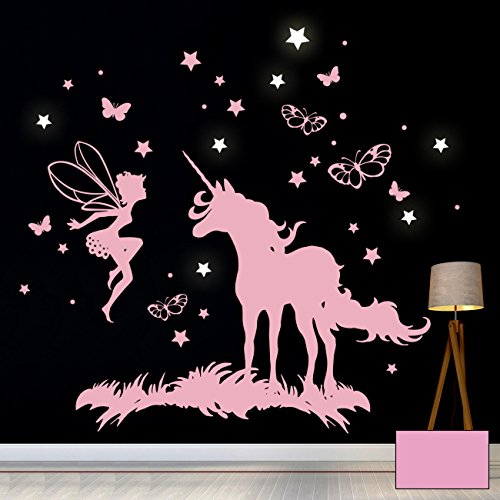 Wandtattoo Wandaufkleber Einhorn Fee Schmetterlinge Fluoreszierende Sterne M2018 - ausgewählte Farbe: *Flieder* ausgewählte Größe: *XXL - 130cm breit x 130cm hoch* von ilka parey wandtattoo-welt